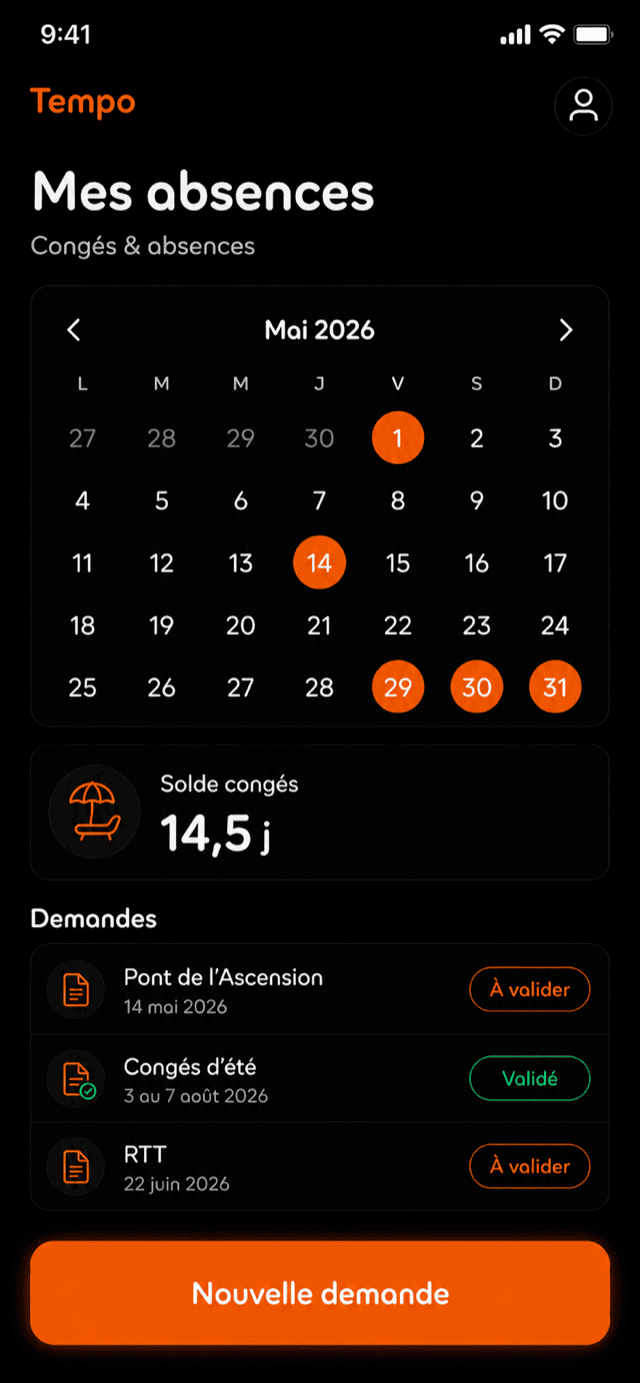 Écran Absences & congés de l'application mobile Tempo