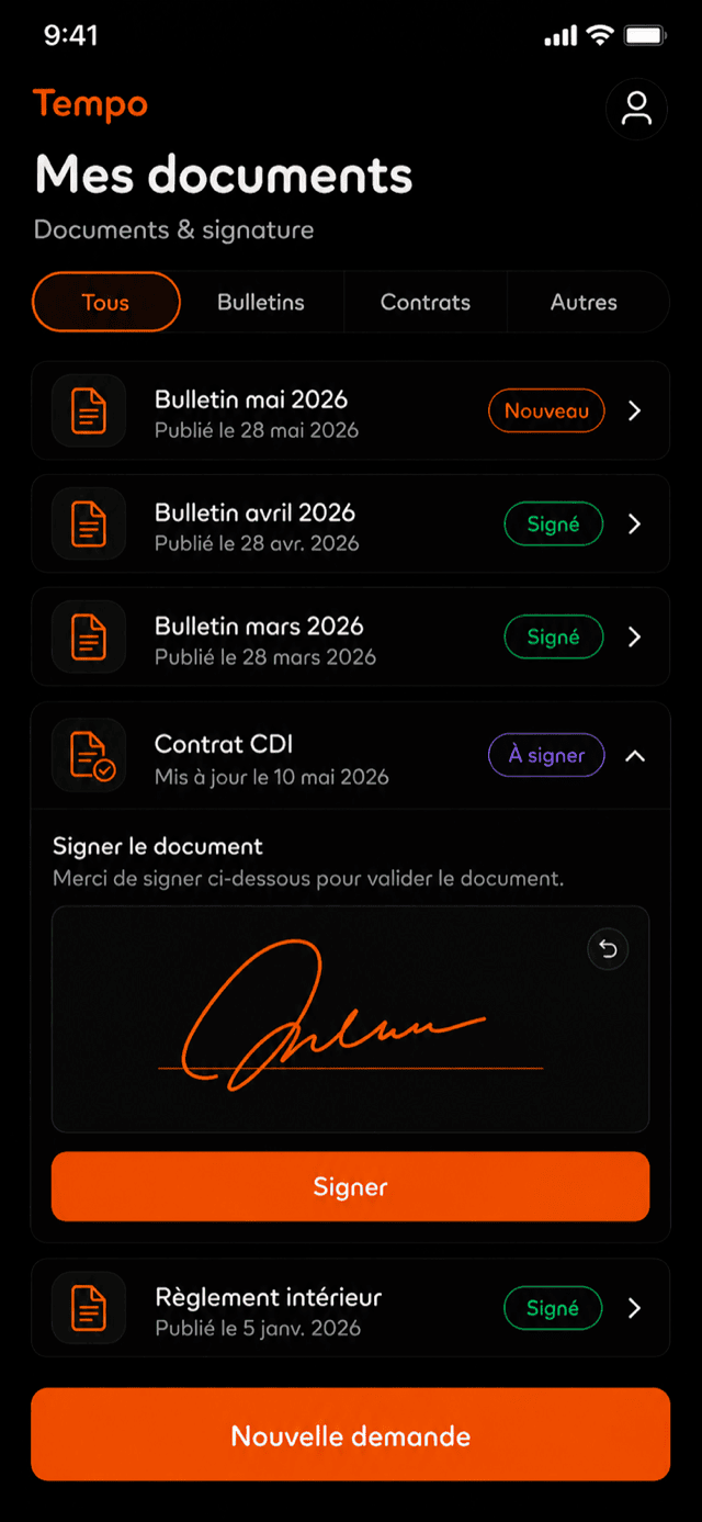 Écran Documents & signature de l'application mobile Tempo