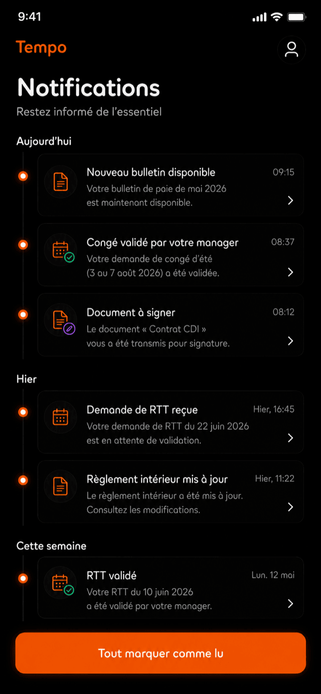 Écran Notifications de l'application mobile Tempo